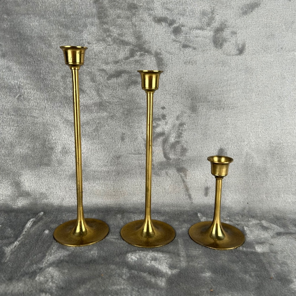 Vintage Solid Brass Taper Candlestick Holders Set of 3 Graduated Mid Century